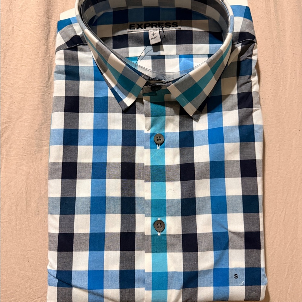 Express Men's Blue and Black Plaid Shirt